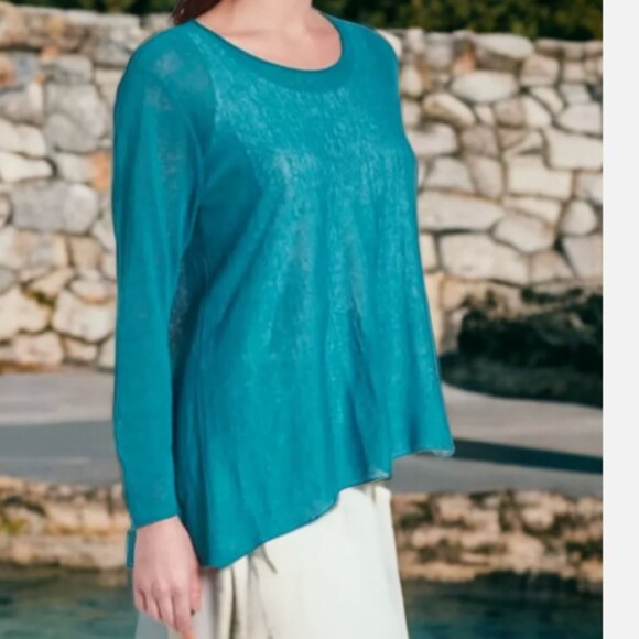 NWT EILEEN FISHER Linen Crepe Knit Jewel Neck Top in Jewel L - Picture 2 of 10